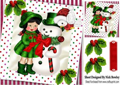 Girl with Snowman and Robin 8x8