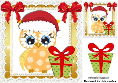 Cute Gold Owl in Santa Hat with Present and Lace 8x8