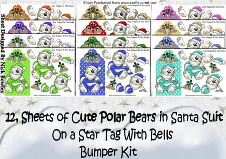 12, Sheets of Cute Polar Bear in Santa Suit on Star Tags Kit