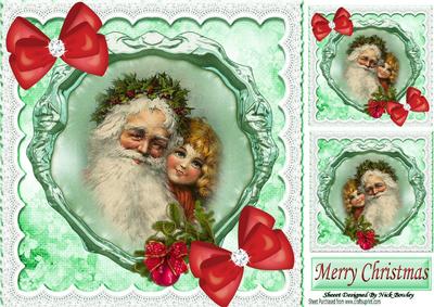 Vintage Santa with Liitle Girl on a Plaque with Lace 8x8
