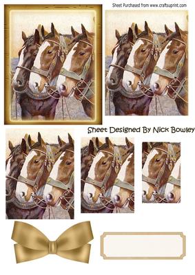 Three Lovely Brown Horses Together in Antique Frame Pyramids