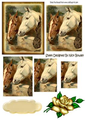 Three Horses Drinking with Pretty Gold Rose Pyramids