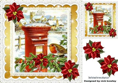 Lovely Robin in Snow Village with Holly & Poinsettias 8x8