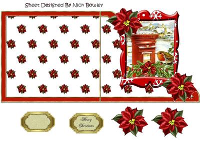 Lovely Robin in Snow Village with Poinsettias Edge Card