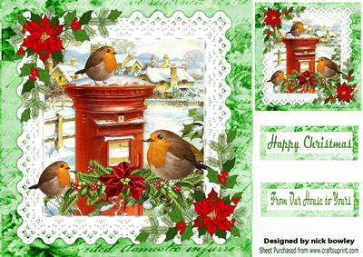 Pretty Robins in the Snow with Poinsettias & Holly 8x8