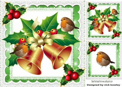 Christmas Bells Holly and Robins, 8x8