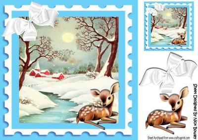 Little Deer Laying Down in Snow Scene 8x8