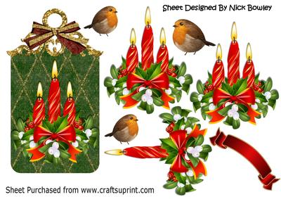 Vintage Tag with Bow, Candles, Holly and Robins
