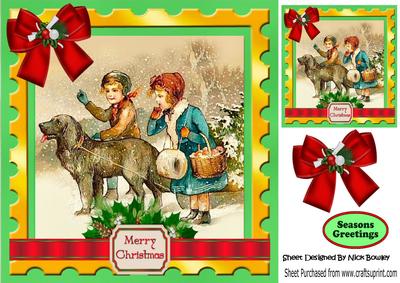 Vintage Children Playing with a Dog in the Snow 8x8