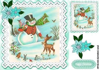 Cute Little Deer with Snowman, with Little Birds 8x8