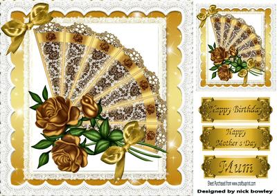 Pretty Lace Gold Fan with Roses and Bow 8x8