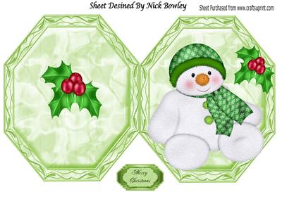 Snowman in Green Hat and Scarf with Holly Quick Card