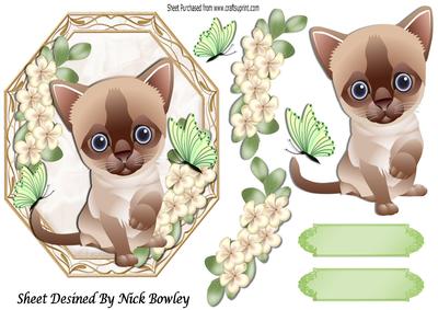 Kitten with Butterflies and Flowers in Ornate Frame