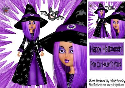 Witch in Purple with Hat, Bat and Spider 8x8
