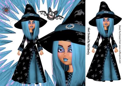 Blue Witch with Spider and Bat 8x8