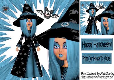 Blue Witch Bat with Spider 8x8 with Topper