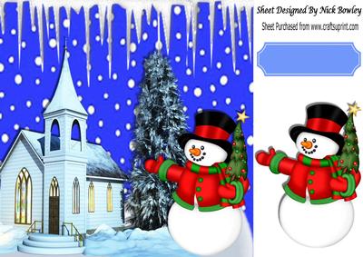 Church with Snowman and Christmas Tree 8x8