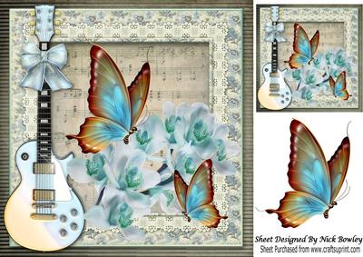 Pretty Blue Flowers, Guitar and Blue Butterflies 8x8