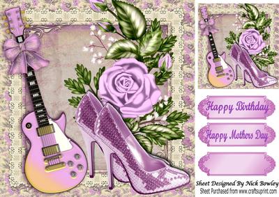 Pink Sparkle Dancing Shoes with Guitar and Flowers 8x8