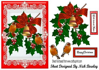 Bells with Holly with Red Bow with Robins A5
