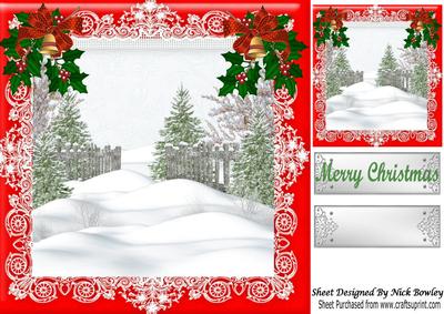 Pretty Trees in the Snow, with Holly and Red Bow 8x8
