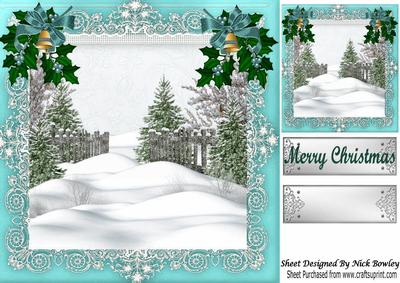 Pretty Trees in the Snow, with Holly and Turq Bow 8x8