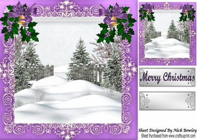 Pretty Trees in the Snow, with Holly and Purple Bow 8x8