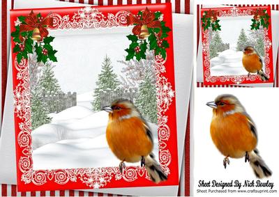Christmas Tree and Snow with Robin, Bows with Holly 8x8