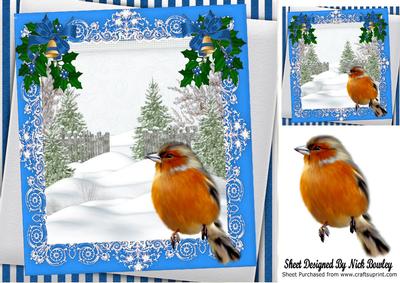 Snow on Trees with Blue Bows, Holly and Robin 8x8
