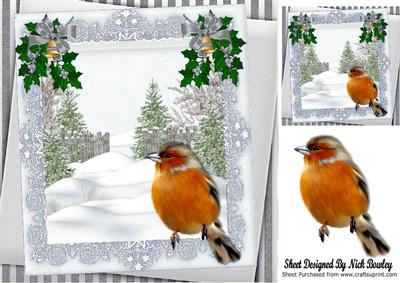 Christmas Tree and Snow with Robin, Silver Bows 8x8