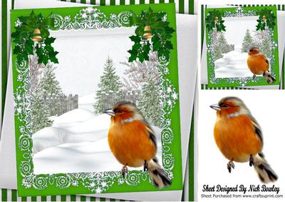 Christmas Tree and Snow with Robin, Green Bows 8x8