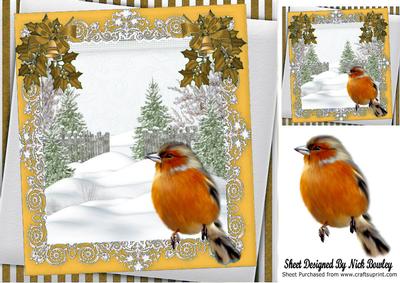 Christmas Tree and Snow with Robin, Gold Bows 8x8