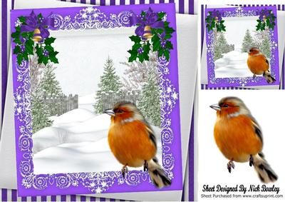 Christmas Tree and Snow with Robin, Purple Bows 8x8