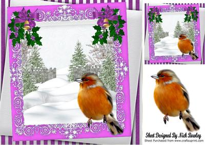 Christmas Tree and Snow with Robin, Pink Bows 8x8