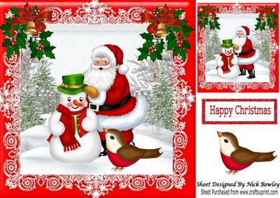 Snowman and Santa in the Snow with Robin 8x8