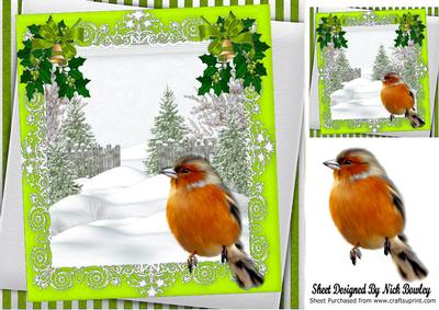 Christmas Tree and Snow with Robin,lime Bows 8x8