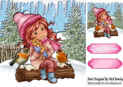 Little Girl Cuddling Her Kitty in the Snow with Robins 8x8