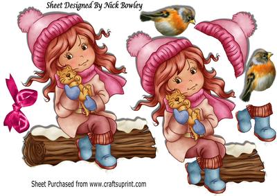 Little Girl Cuddling Her Kitty in the Snow with Robins A4