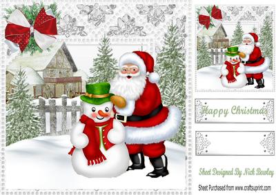 Santa with Snowman in Green Hat with Cottage 8x8