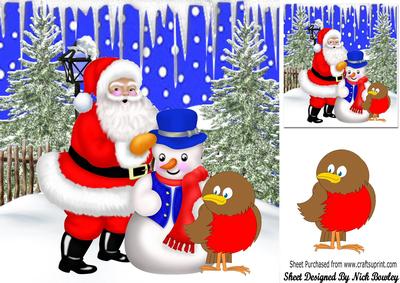 Santa, Snowman and Robin in the Snow 8x8