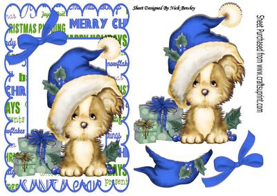 Cute Puppy in Blue Santa Hat with Pressie