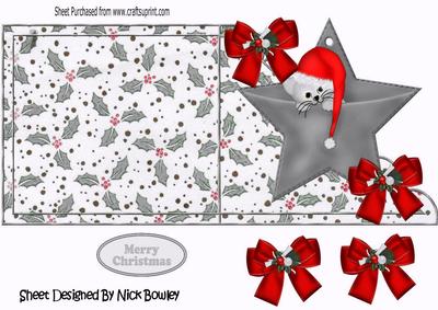 Kitty in Silver Star Pocket, with Santa Hat Over the Edge