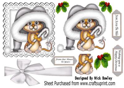 Frosty Mouse with Holly and Berries in Lace Frame