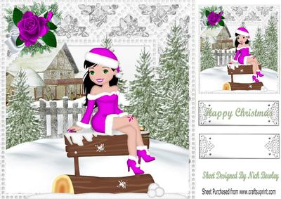 Posing for the Camera in Pink Santa Suit, in Snow Scene 8x8