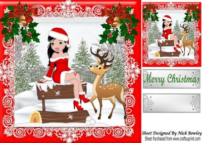 Girl Posing in Santa Suit with Little Deer in the Snow 8x8