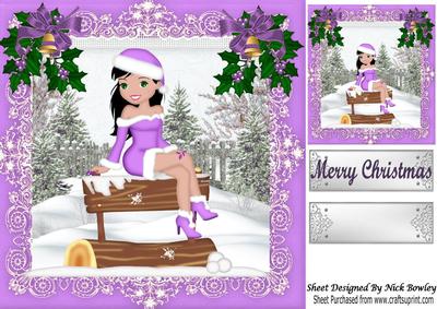 Girl in Pretty Lilac Santa Suit Posing in Snow 8x8