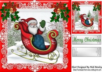 Santa in His Sleigh in Snow Scene 8x8