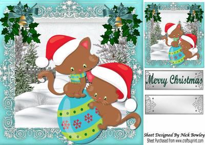 Cute Kitties on a Christmas Bauble with Snowscene 8x8