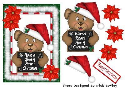 A Beary Merry Christmas, with Cute Bear and Poinsettias
