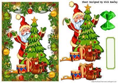 Santa with Christmas Tree and Toys in Christmas Frame